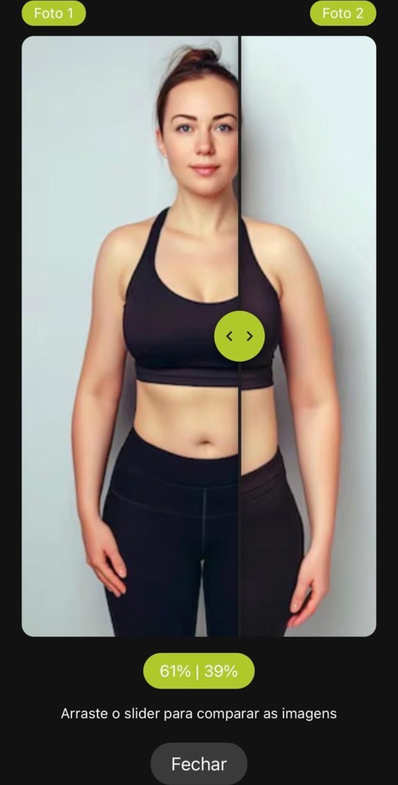 Tela de antes e depois no app Unifit, com slider comparando duas fotos de evolução corporal.