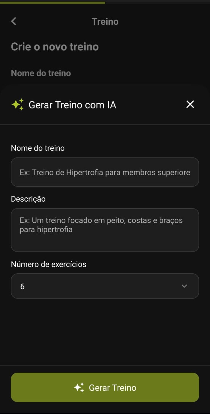 Tela de geração de treino com IA, com seleção de grupo muscular, método, séries e descanso.