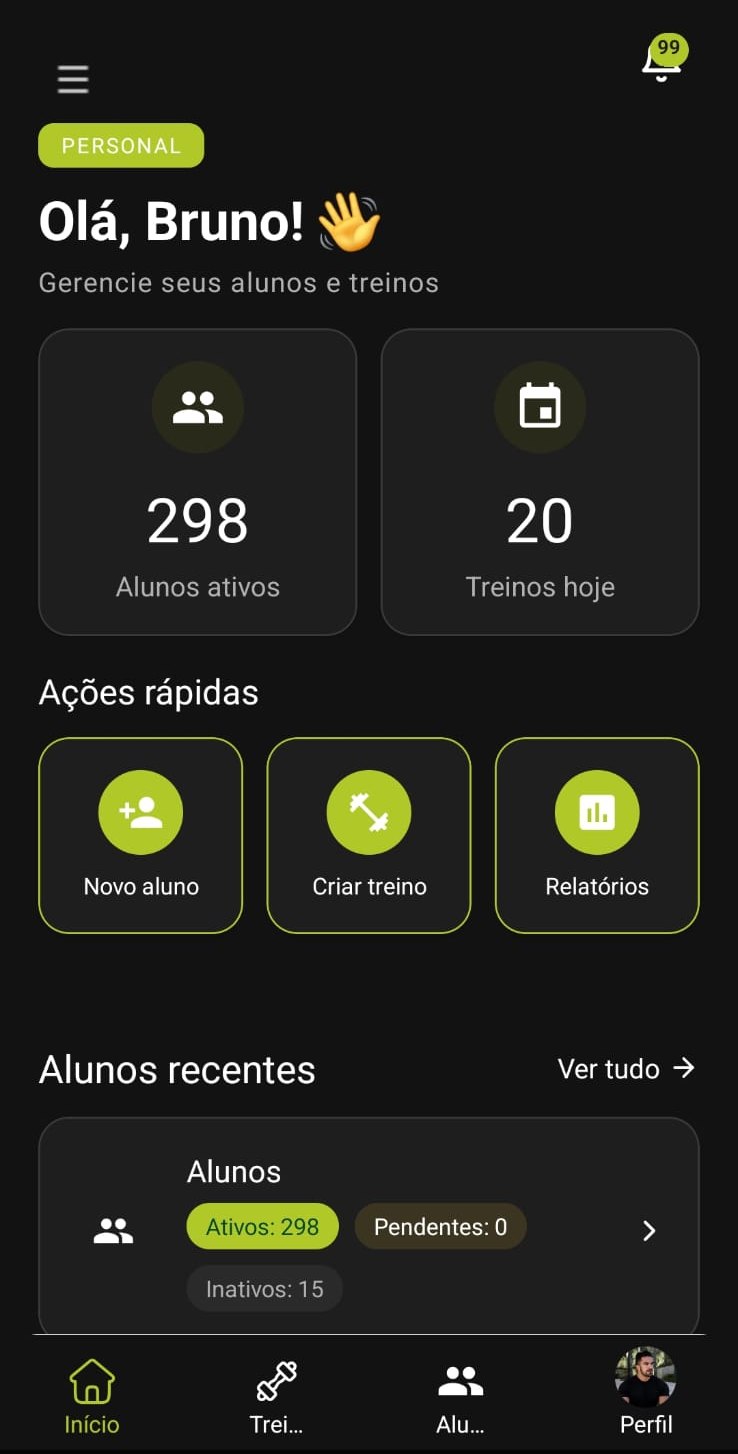 Tela de meus alunos no app Unifit, com o plano contratado e as sessões realizadas de cada aluno do personal.