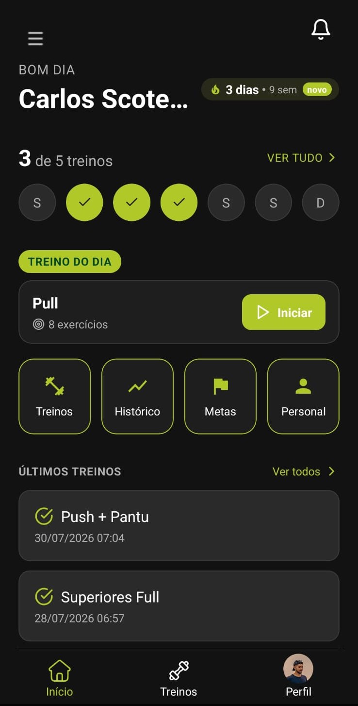 Tela do treino do dia no app Unifit, com os exercícios, séries e cargas do aluno.